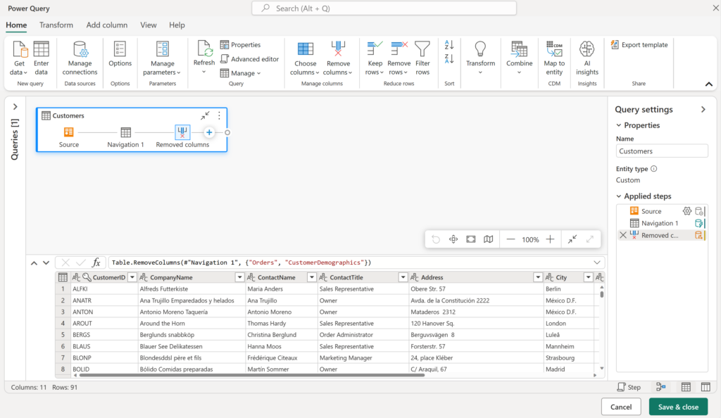Editor de Power Query mostrant la vista prèvia i el diagrama de consultes